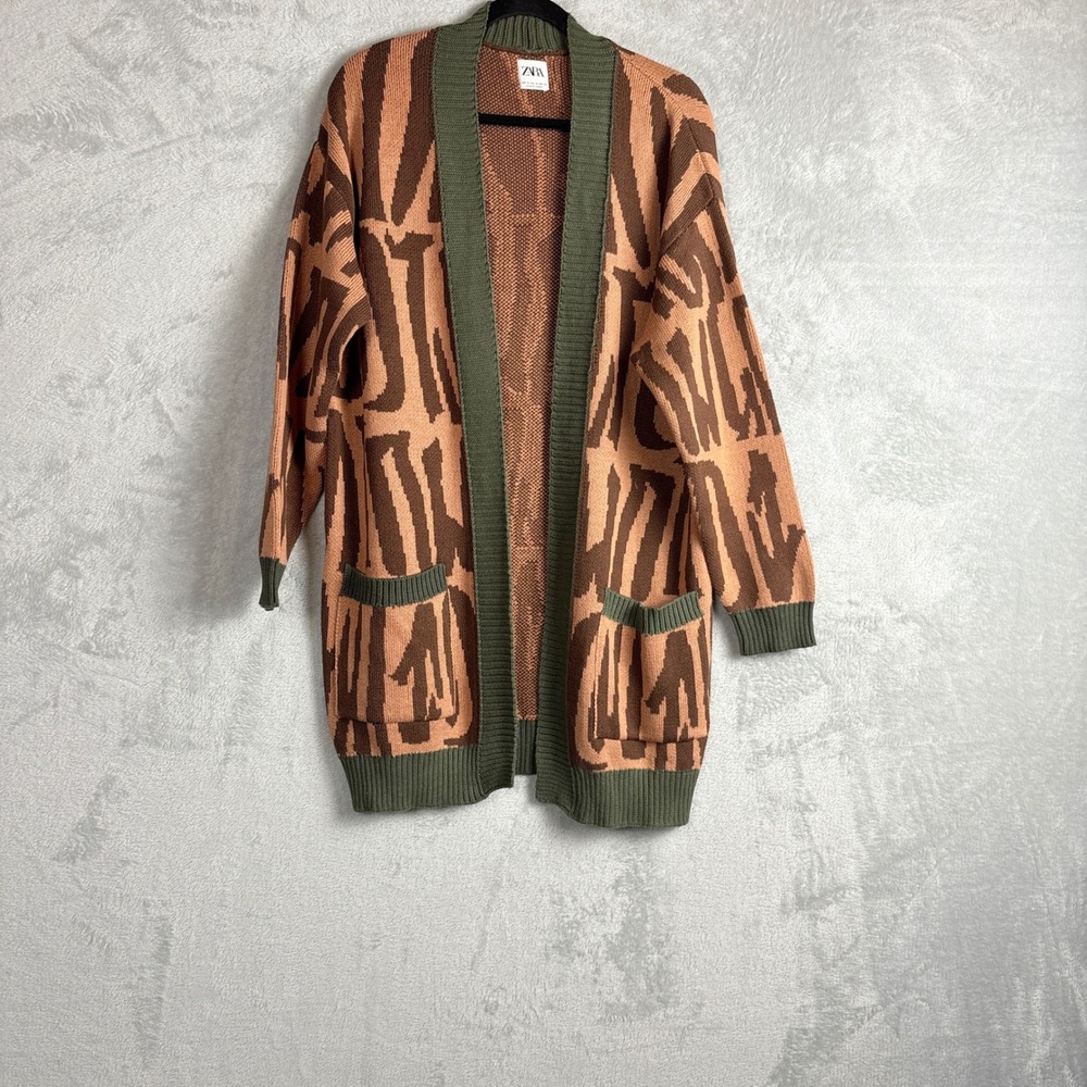 Zara Cardigan Abstract Intarsia Knit Size M Green Brown Open Front Longline